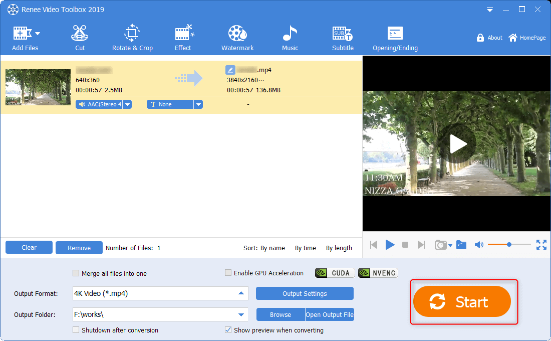 haga clic en iniciar para guardar el vídeo en renee video editor pro