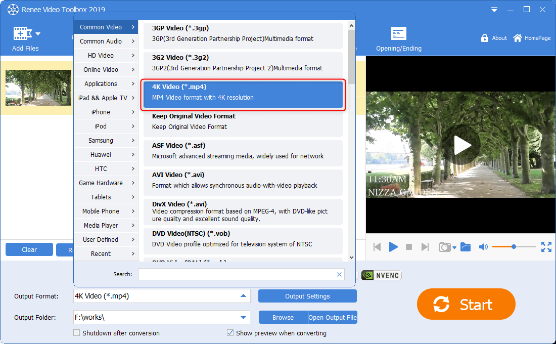 selecciona el formato 4k mp4 en renee video editor pro