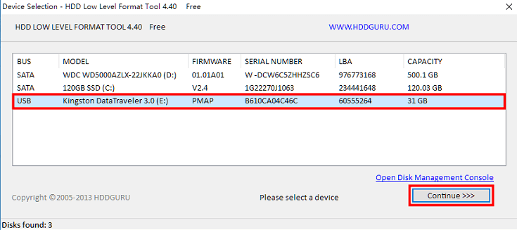 seleccione la unidad de disco duro de destino en la herramienta de formato de bajo nivel hdd