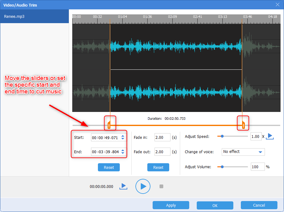 utiliza la función renee audio converter para cortar música