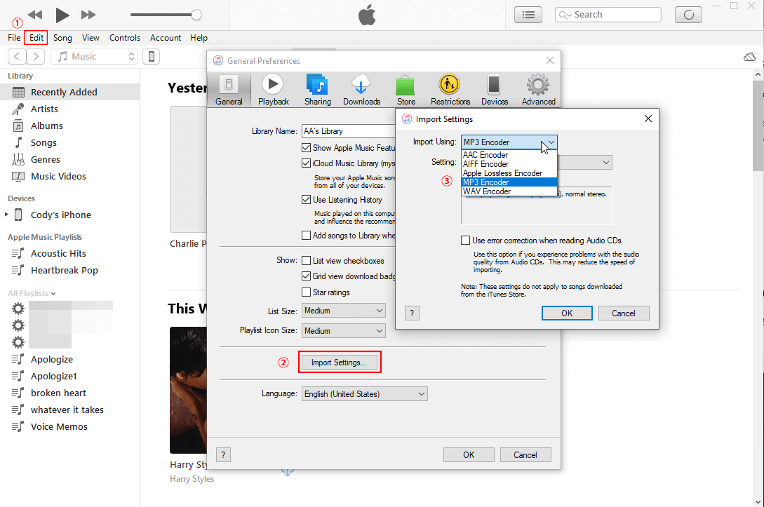 vaya a la configuración de importación de itunes para seleccionar el codificador mp3