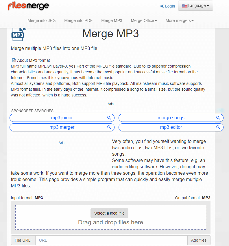 filesmerge es un combinador de audio en línea