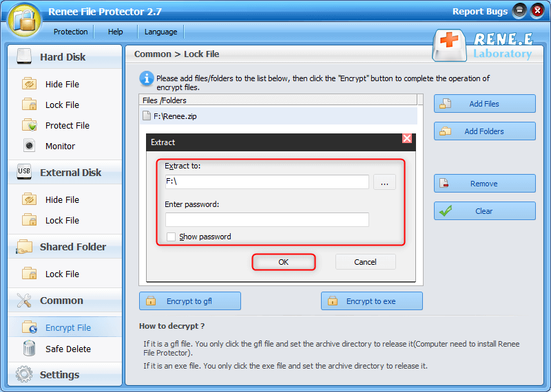 introduzca la contraseña correcta para abrir gfl en renee file protector