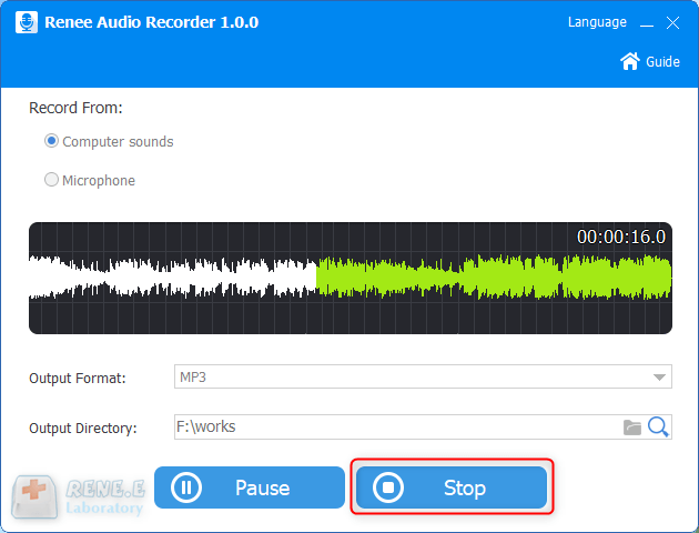 dejar de grabar sonidos en renee audio tools