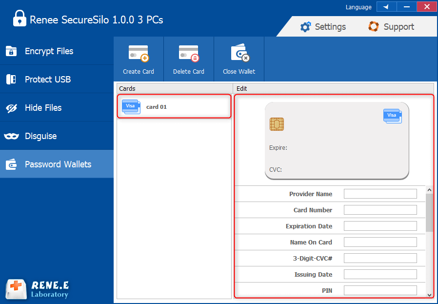 editar información de tarjeta en renee secure silo password manager