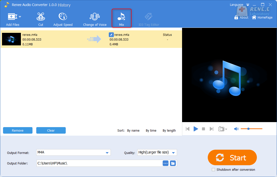 mezclar archivos m4a en renee audio converter