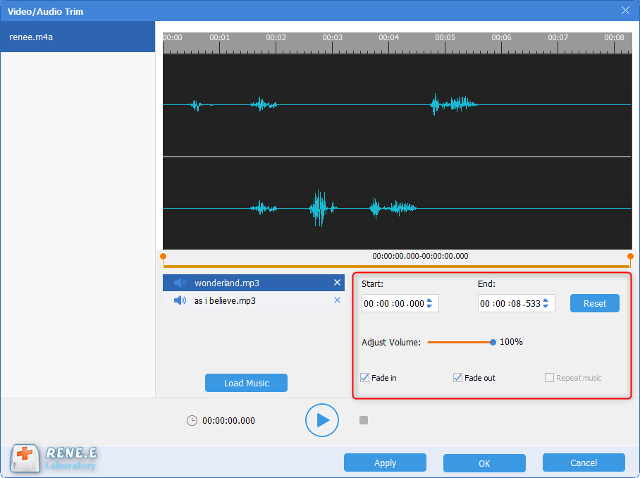 efectos de fundido de entrada y salida para archivos m4a