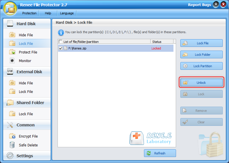 desbloquear el archivo zip en renee file protector