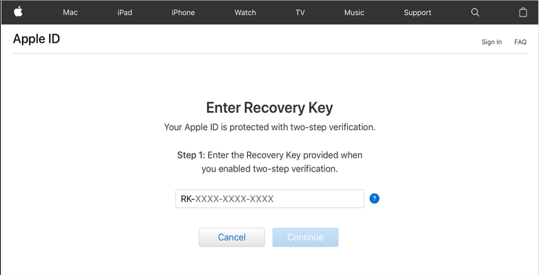 introduzca la clave de recuperación para recuperar apple id passcode