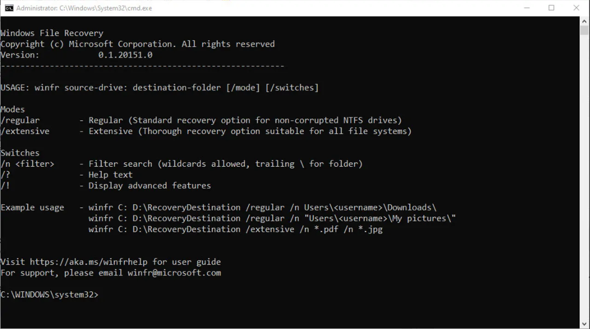 Uso de símbolo del sistema (CMD) de Windows File Recovery(winFr) comando para recuperar archivos borrados en una unidad USB en Windows 10/11